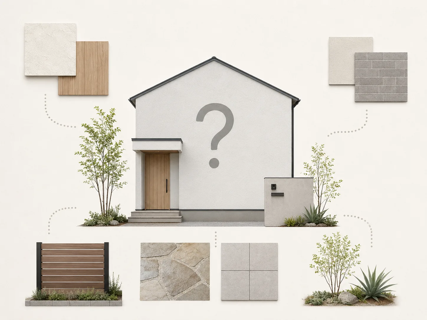 住まいの模型と外構の素材を並べたイメージ（生成画像）
