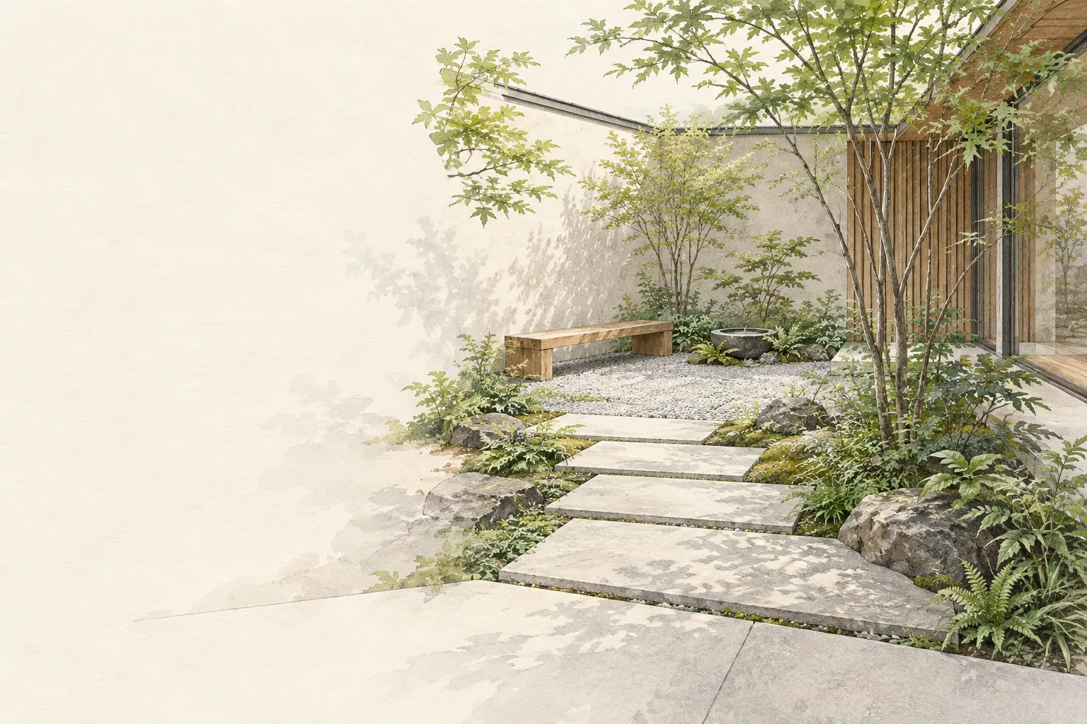 庭の居場所と植栽を描いたイラスト（生成画像）